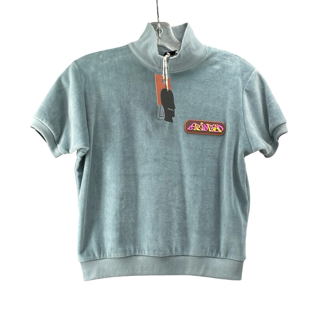 Brain Dead Mens Short Sleeve Quarter Zip Velour Sweatshirt Blue Green XS NWT